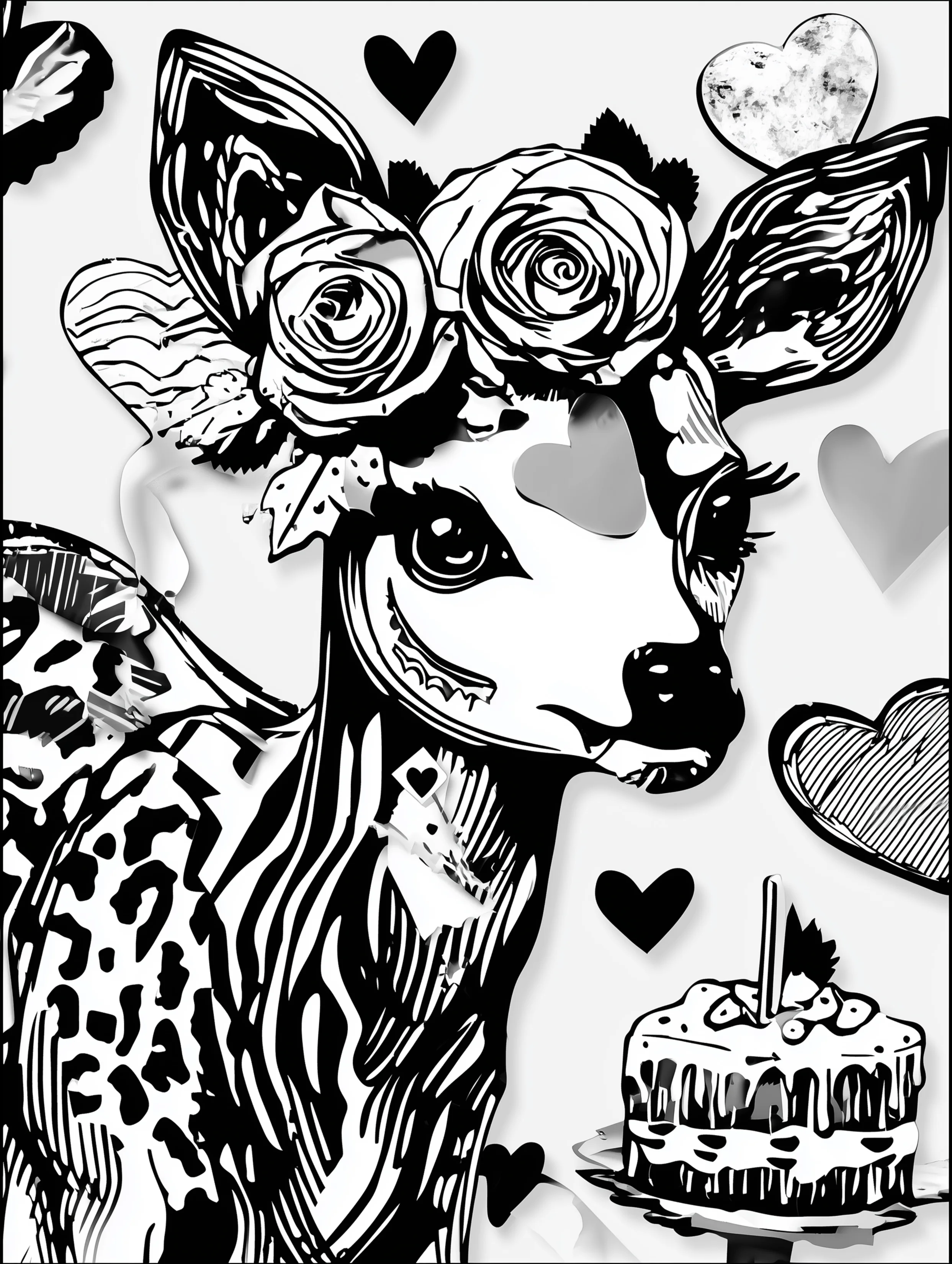 Free printable reindeer coloring page for adults featuring a reindeer with a birthday cake